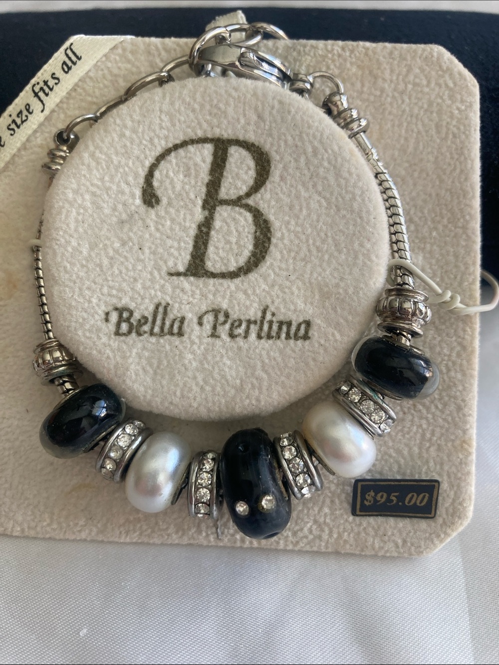 bella Perlina Black Glass & White Pearl Bead Bracelet with Crystal Spacers
